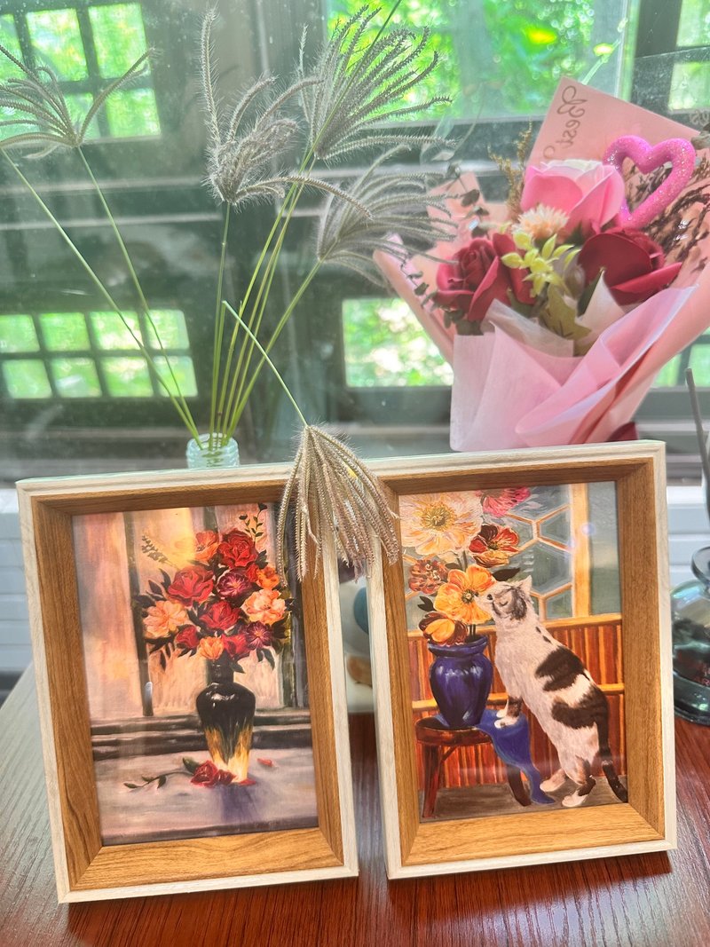 意樹學院—原創油畫相框一組 窗邊花束+花與貓 - 相框/畫框 - 其他材質 多色