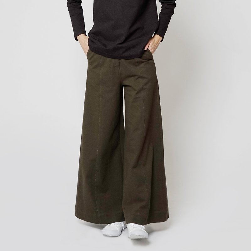 Black and White Cut FW A-Line Basic Women's Wide Leggings - กางเกงขายาว - ผ้าฝ้าย/ผ้าลินิน สีเขียว