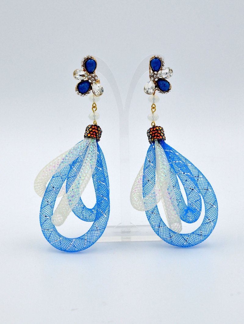 TIMBEE LO Crystal Flash Diamond Net Tube Earrings - ต่างหู - วัสดุอื่นๆ สีน้ำเงิน