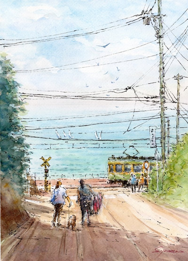 水彩画原画　江ノ電と湘南の海・日坂から - 海報/掛畫/掛布 - 紙 綠色