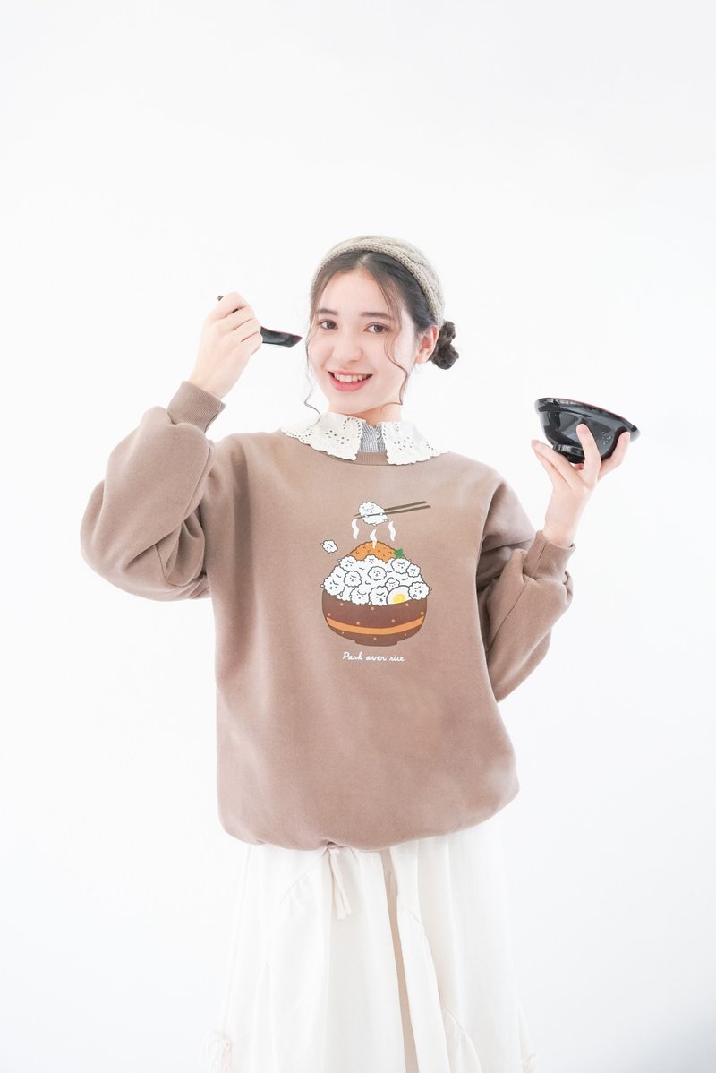 泡泡羊滷肉飯-刷毛大學T Sweatshirt (摩卡咖) - 帽T/大學T - 棉．麻 咖啡色