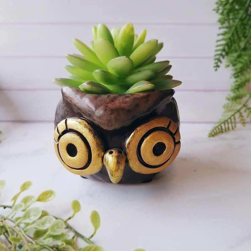 Evil eagle│Yoshino eagle x owl pottery flower hand-made succulents cute gift - เซรามิก - ดินเผา สีดำ