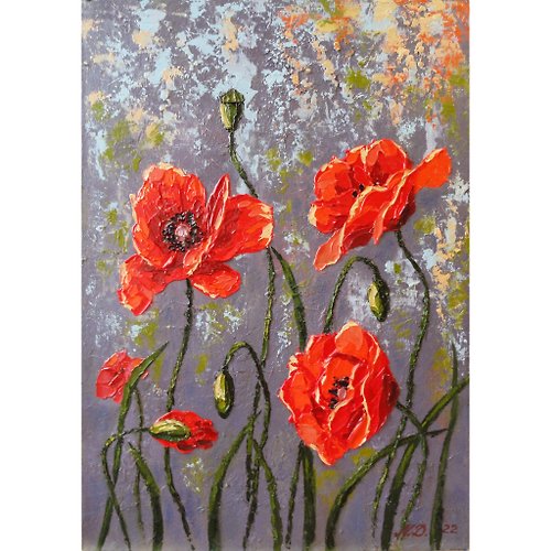 娜塔杜阿特 NataDuArt 的紅罌粟繪畫花卉原創藝術油厚塗繪畫