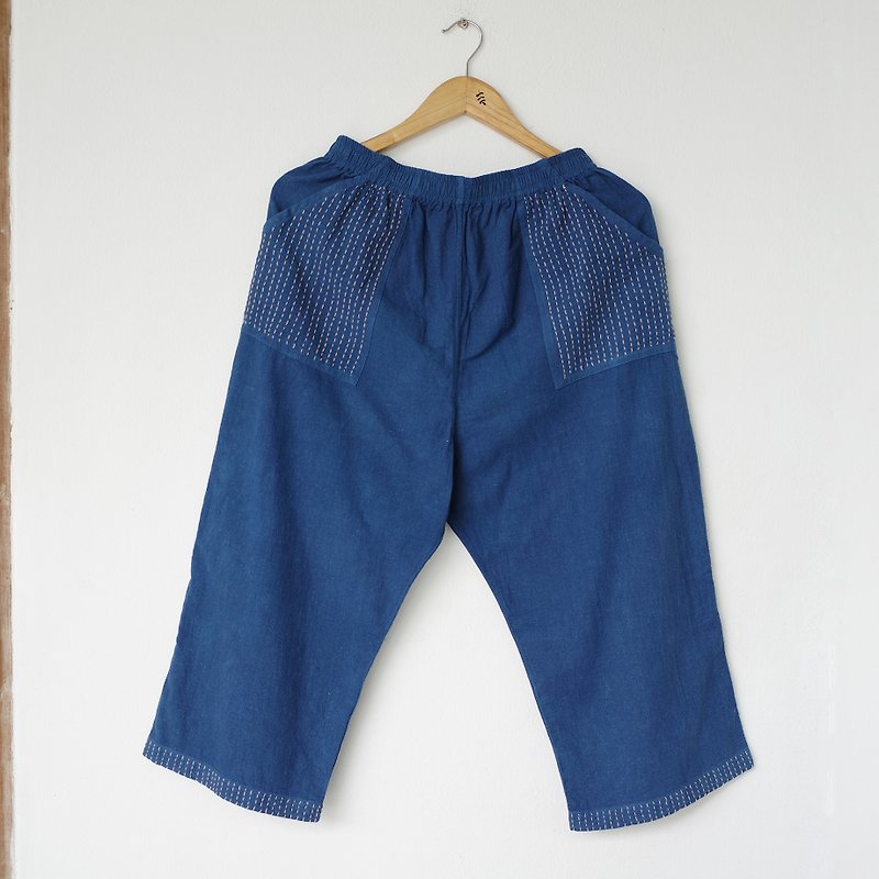 Indigo sashiko wide leg pants / indigo dye with hand embroidery - 闊腳褲/長褲 - 棉．麻 藍色
