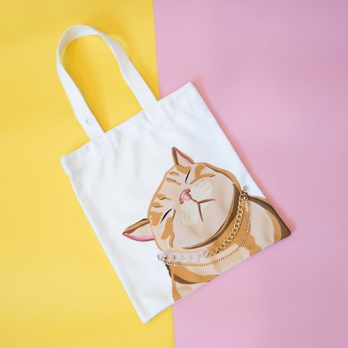 Be WILD-遍野 貓咪雙面插畫帆布包白色-胖橘貓(包鍊項鍊兩用)