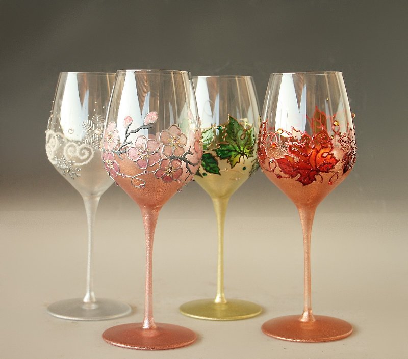 Wine Glasses Four Seasons Hand Painted Set of 4 - แก้วไวน์ - แก้ว หลากหลายสี