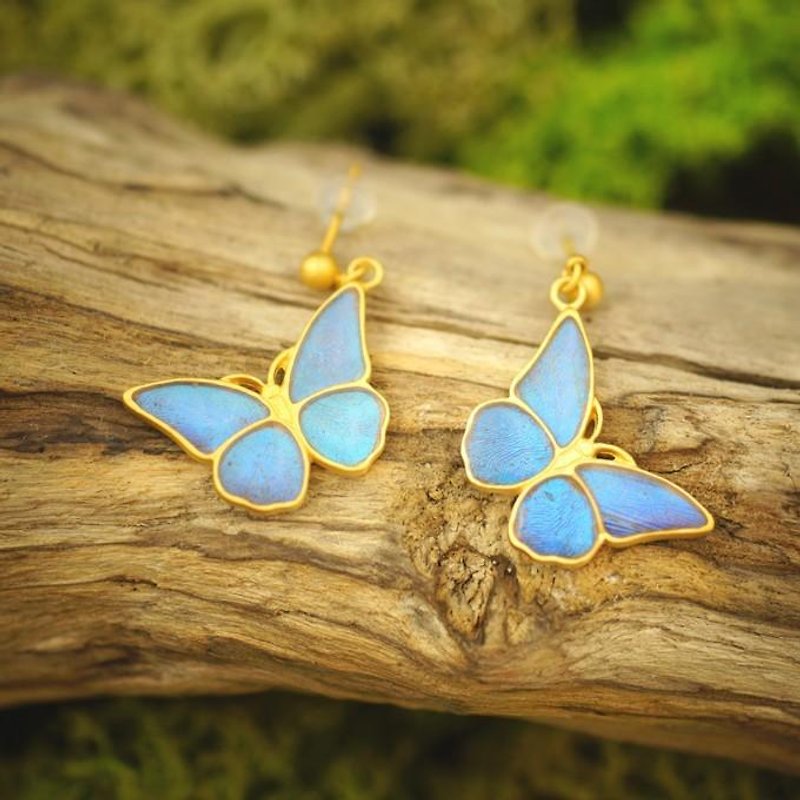 Morpho butterfly small antique earrings - Earrings & Clip-ons - Other Metals Blue
