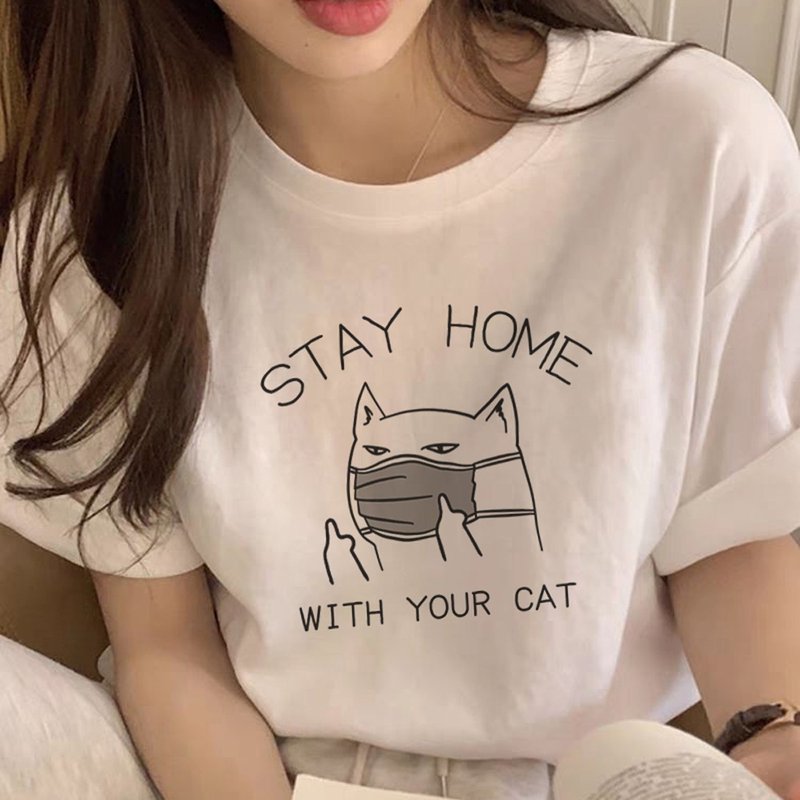 STAY HOME WITH YOUR CAT 中性短袖T恤 白色 跟你的貓咪待在家裡 - 女裝 T 恤 - 棉．麻 白色