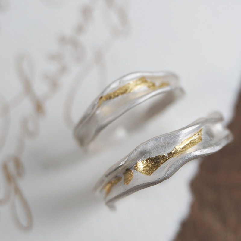 Touch gold ring two-tone ring golden light 24k gold foil 925 sterling silver - แหวนทั่วไป - โลหะ สีเงิน