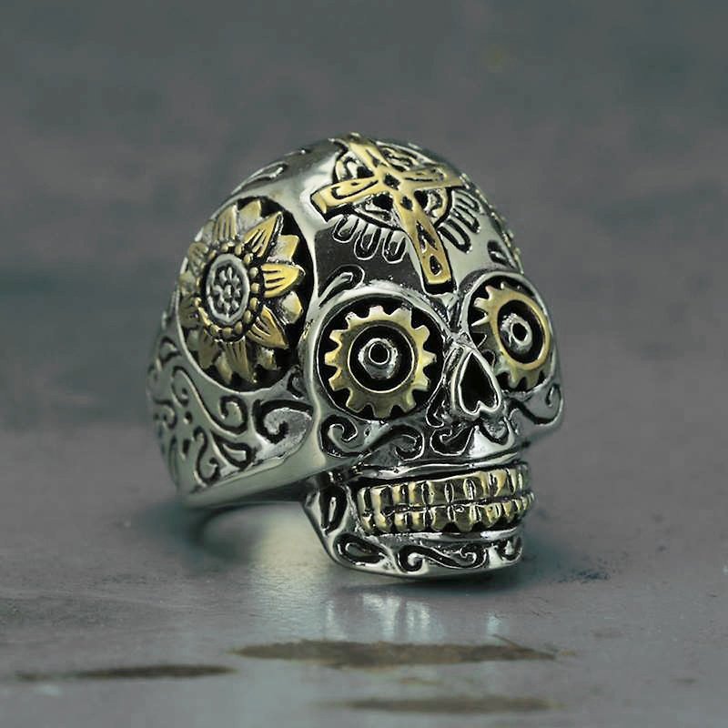 Mexican Biker Rings Skull sugar sterling silver Huge 925 motorcycle Gothic Cross - General Rings - Other Metals Silver
