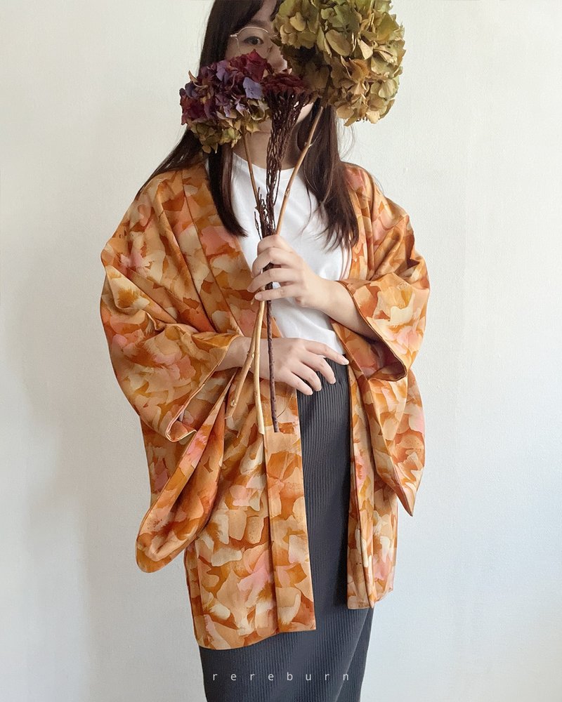 日本製和風印花薄款橘黃色古著羽織和服外套 - 女大衣/外套 - 聚酯纖維 橘色