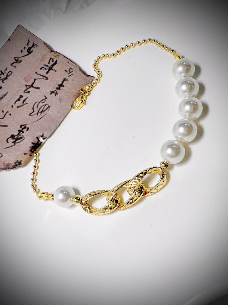 C&W 日本進口天然淡水正圓強光小燈泡珍珠拼接個性手鏈項鏈 - 手鍊/手環 - 珍珠 金色