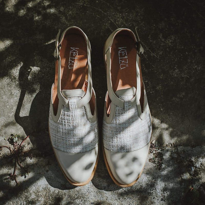 [Exclusive design] The second generation of Kichijoji Sance | Genuine leather fabric stitching T-shaped shoes | Off-white - Women's Leather Shoes - Genuine Leather White