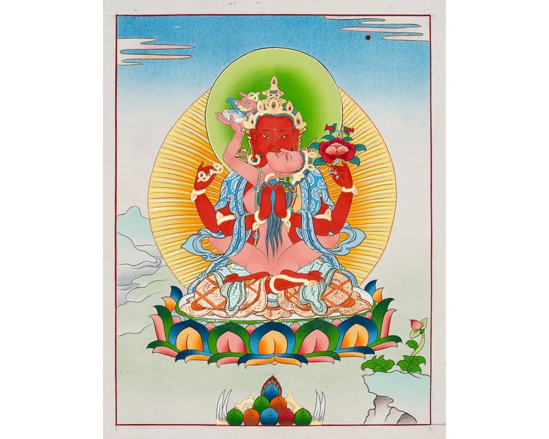手工製作的紅色觀音唐卡 - 慈悲與愛的化身 - 壁貼/牆壁裝飾 - 其他材質 多色