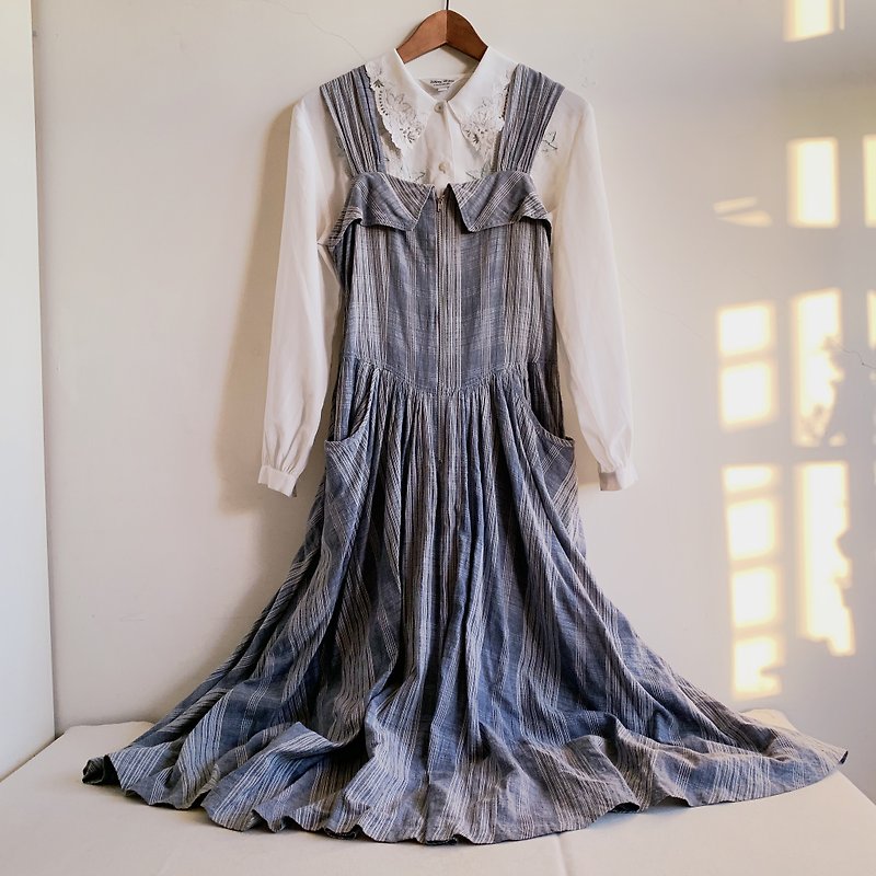 Blue check sling vintage dress without top - ชุดเดรส - ผ้าฝ้าย/ผ้าลินิน สีน้ำเงิน