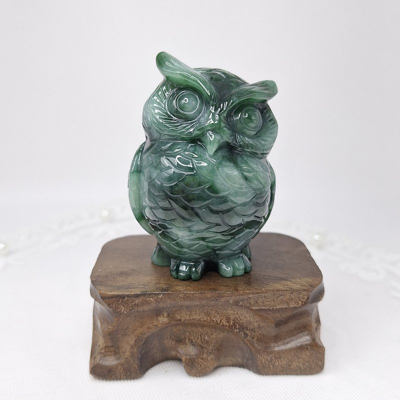 Warm blue water with flower hand-carved owl ornaments | Natural Burmese jade A grade jade - Items for Display - Jade 