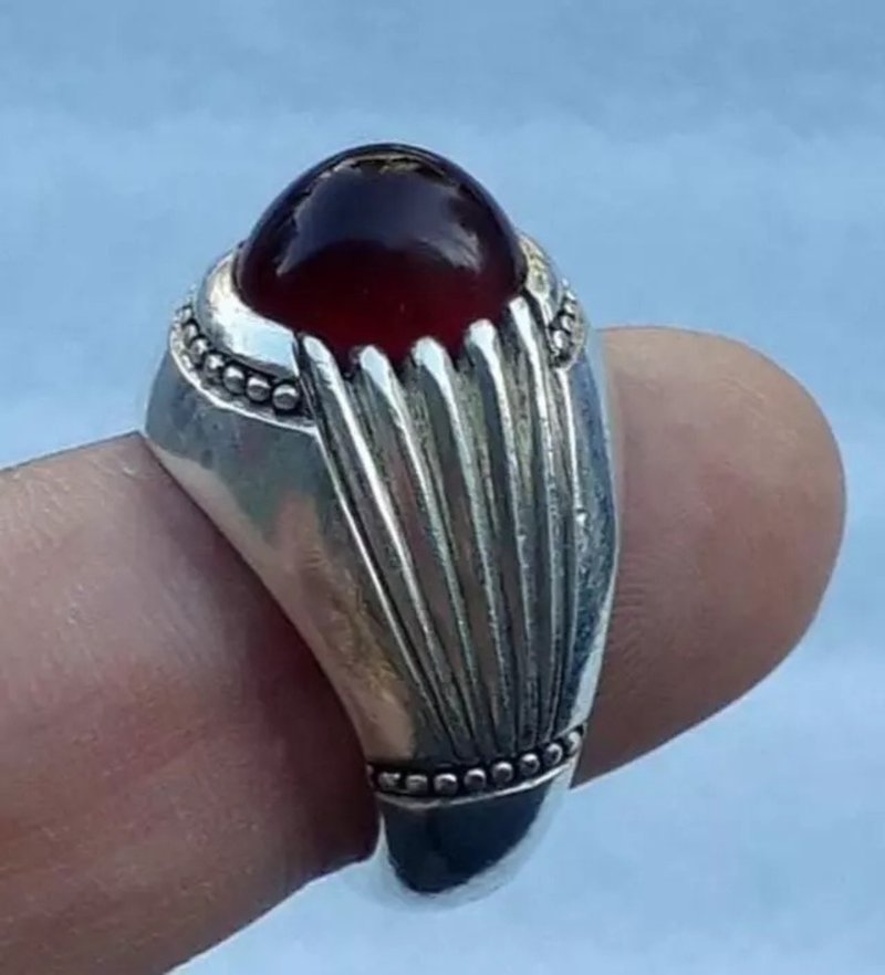 Blood Red Yemeni Aqeeq Yamni Akik Yemen Aqiq Agate 925 Sterling Silver Bague - 戒指 - 寶石 紅色