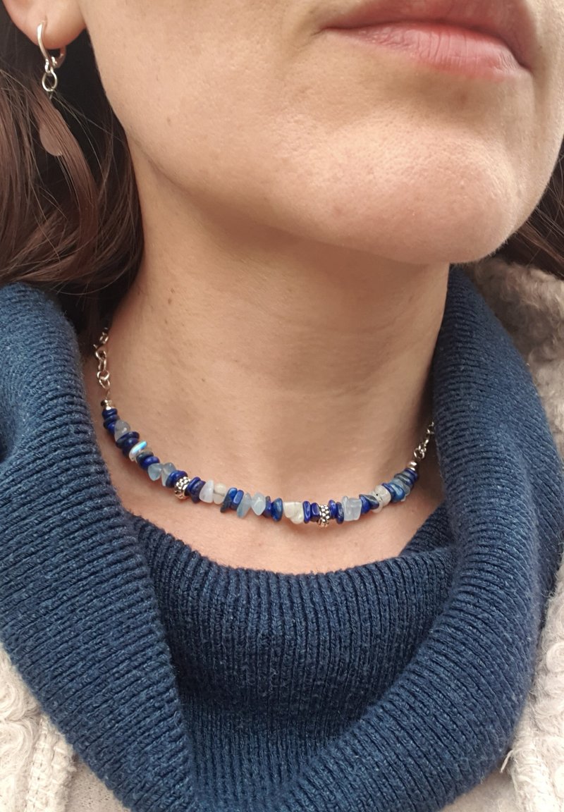 Choker Lapis Lazuli, Blue Agate, Moonstone, Portuguese azulejo, Christmas gif - สร้อยคอ - เครื่องเพชรพลอย สีน้ำเงิน