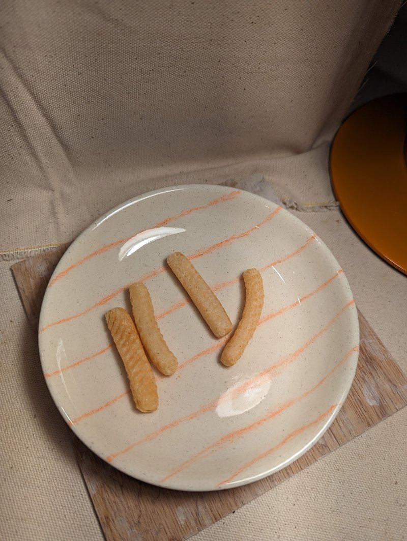 手作陶器亮面透明釉/橘色線條餐盤、點心盤 - 盤子/餐盤 - 陶 