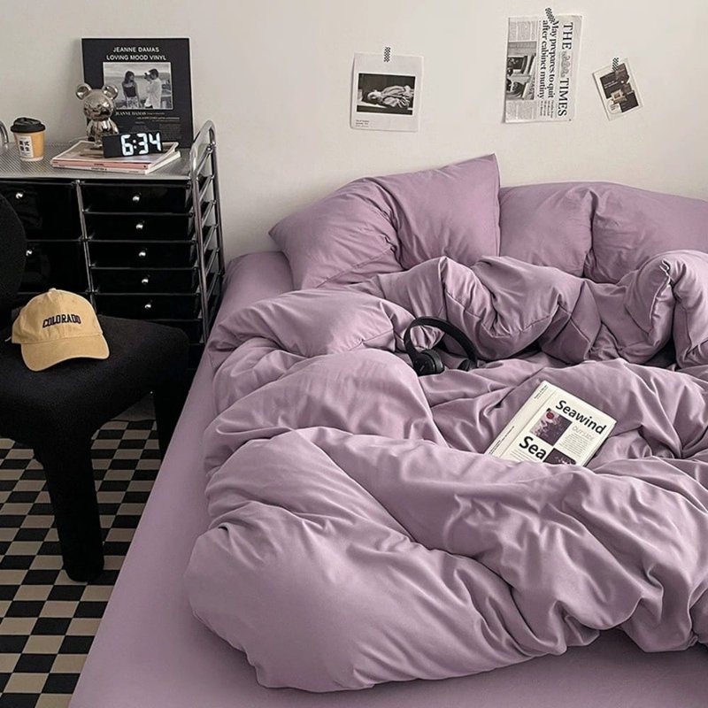 Taro Milk Tea - Made in Taiwan, Soft Cotton, Solid Color Single/Double/Queen Fitted Sheet & Duvet Cover Set - เครื่องนอน - วัสดุอื่นๆ 