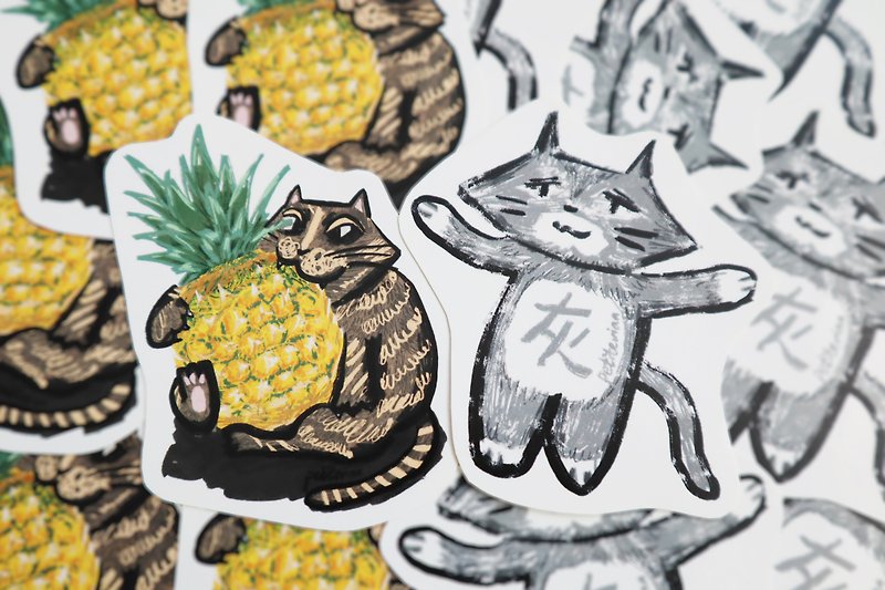 鳳梨貓/ 灰灰貓貼紙 | 2款可愛貓咪原創插畫貼紙包 - 貼紙 - 紙 多色