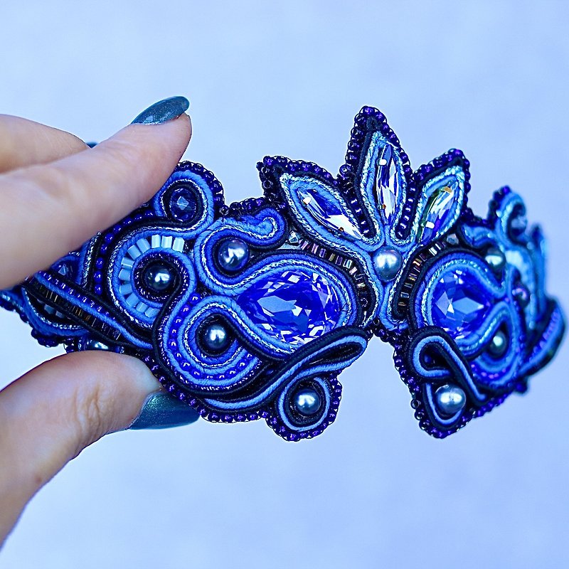 Crystal headband,Bridal wedding,wedding headband,blue tiara,wedding hair,soutach - 髮夾/髮飾 - 棉．麻 藍色
