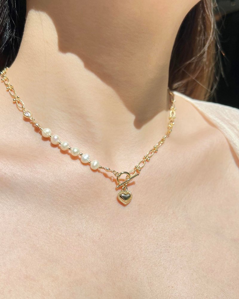 Natural freshwater pearl 14K gold-filled love necklace | Pearl necklace necklace heart-shaped necklace - สร้อยคอ - ไข่มุก สีทอง