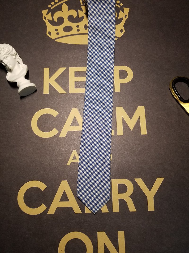 藍白色小格子領帶超窄版領帶 - 領帶/領帶夾 - 棉．麻 藍色