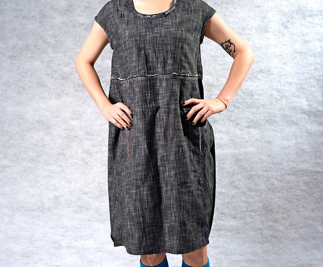 Three-dimensional flower bud curved pocket dress on both sides (Iron  Grey/Turkish Blue 2 colors)