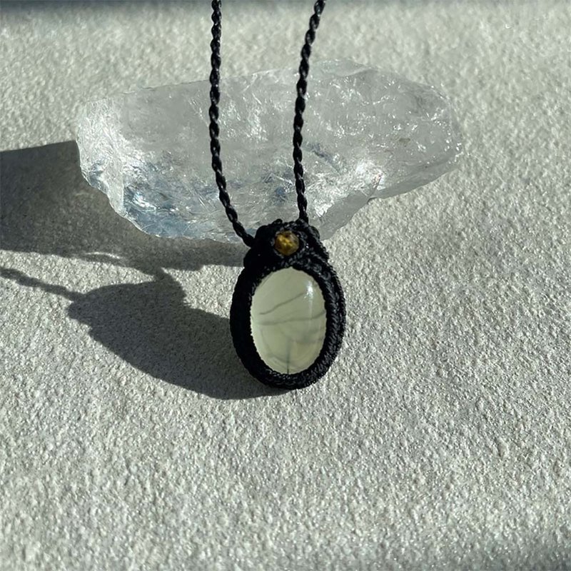 Prehnite Green Garnet Clear Quartz Macrame Vintage Gemstone Necklace - 長項鍊 - 半寶石 綠色