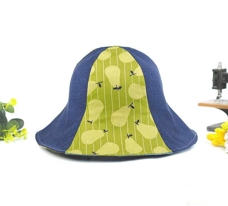 手工雙面帽  遮陽帽 可愛 文青 綠色 條紋 水果【綠漾酪梨】【HM-09】限量 - 帽子 - 棉．麻 綠色