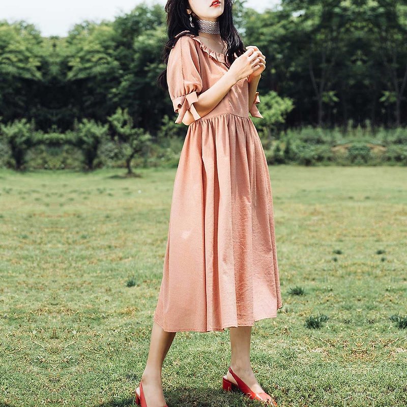 安妮陳2017夏裝新款女士荷葉領中袖連身裙洋裝 - 洋裝/連身裙 - 聚酯纖維 橘色