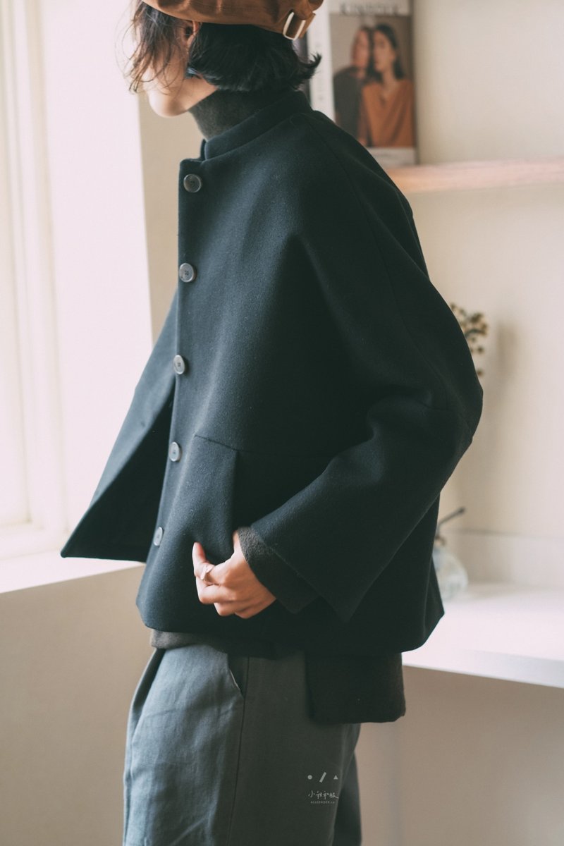 ニーチェファッションスモールスタンドカラー5ボタンコクーンショートコート - 2色 - ニーチェブラック - ジャケット - コットン・麻 ブラック