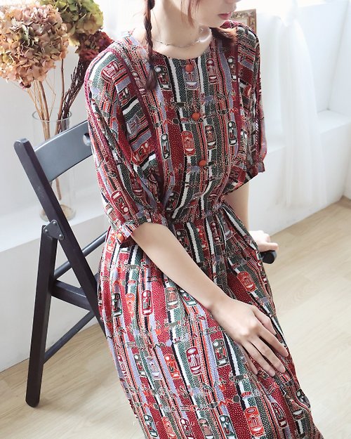 REreburn 日本製日系昭和風復古圖騰印花飛鼠袖寬鬆酒紅色短袖古著洋裝