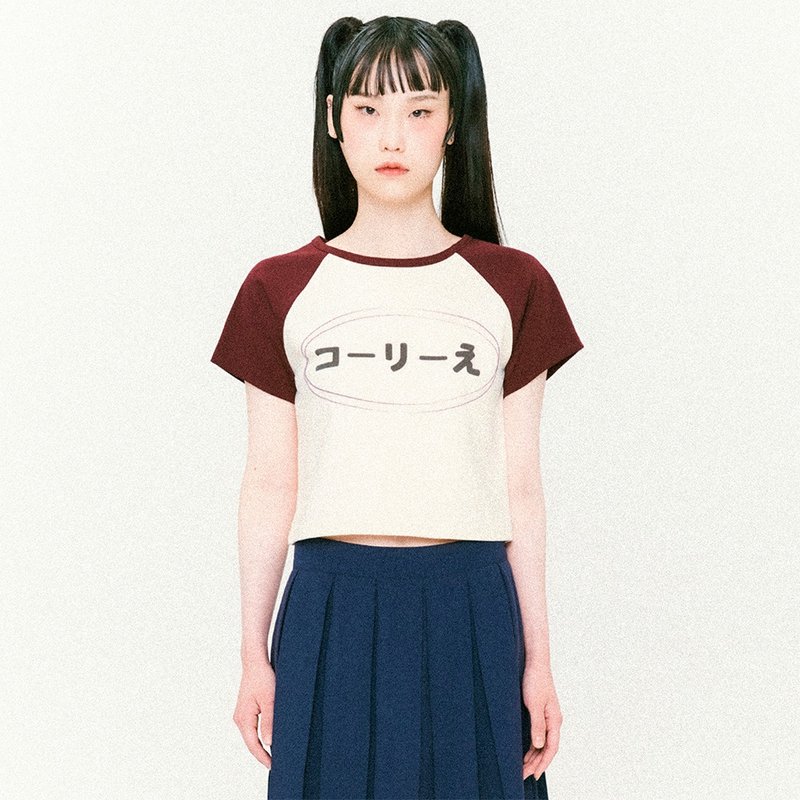 Logo Raglan Cropped Short-Sleeved T-Shirt Burgundy Cream - 女 T 恤 - 棉．麻 多色