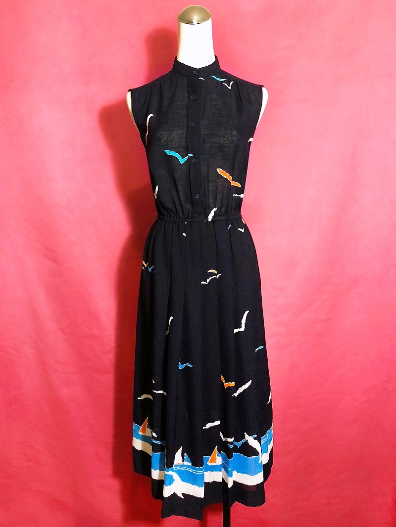 帆船海鷗長版古著洋裝 / 國外帶回 VINTAGE - 連身裙 - 聚酯纖維 藍色