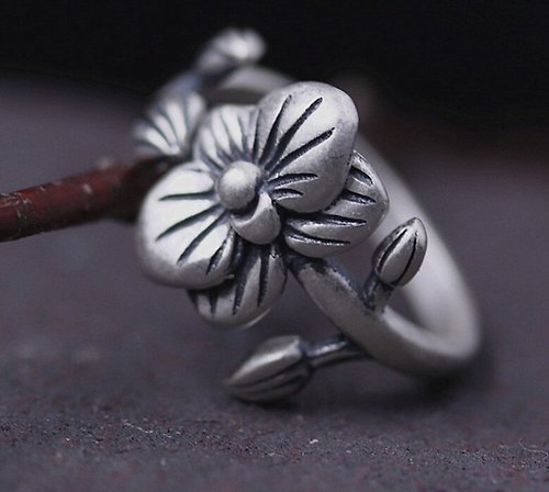 garyjewelry Real S 999 Silver Plum Flower Fine Jewelry Handmade Engraved Floral Finger Rings