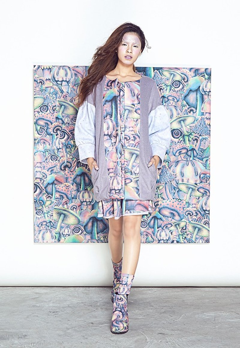 Coat in Illustration Printing and Grey Purple Wool - Women's Casual & Functional Jackets - Other Materials Multicolor