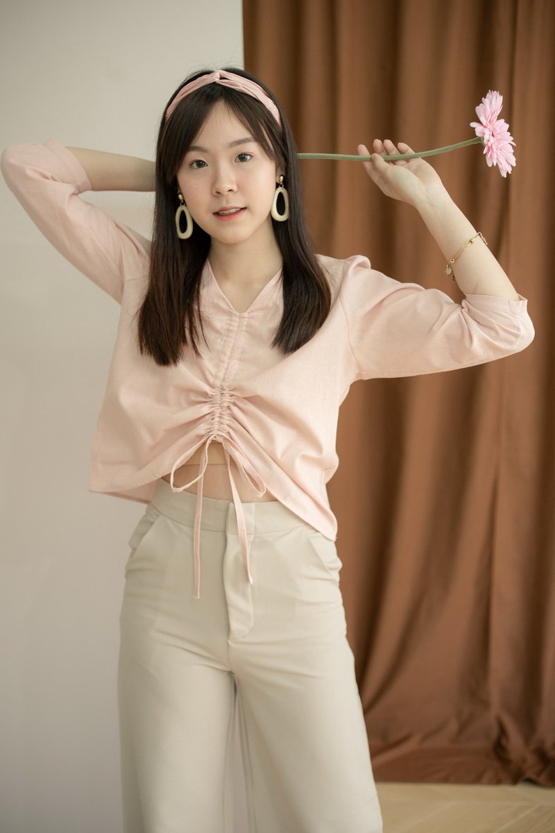 Knotted Crop Top - Pink - 女上衣/長袖上衣 - 亞麻 粉紅色