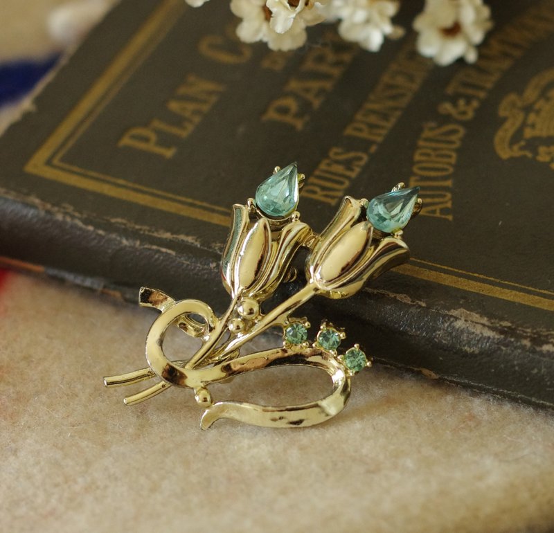 古董金色鬱金香萊茵石花別針胸針  B1938 - 胸針 - 其他金屬 金色