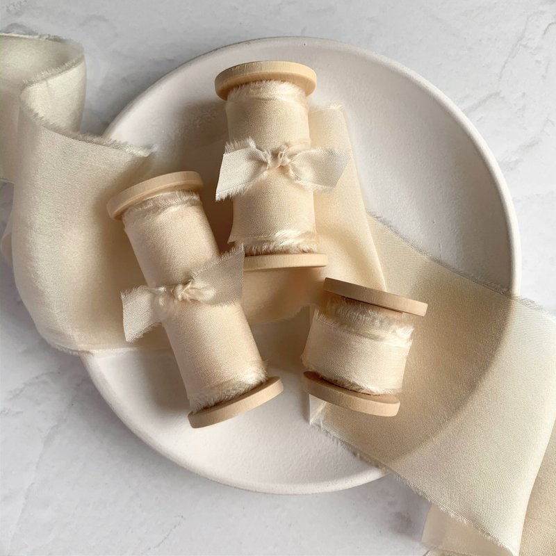 Buttercream Silk Ribbon / Hand Dyed Silk Ribbon on Wooden Spool - 包裝材料/包裝紙 - 絲．絹 黃色