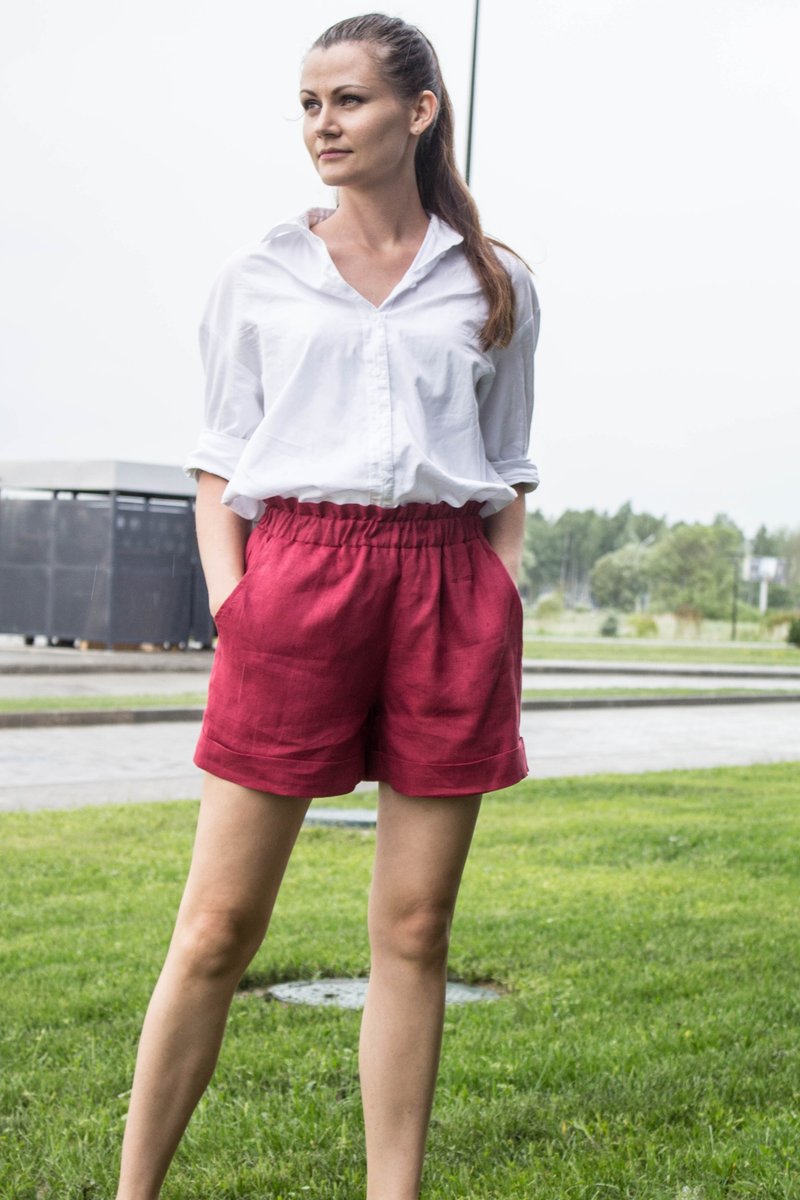 Linen Shorts Women - High waisted shorts - Linen Shorts with pockets - Women's Shorts - Linen Red