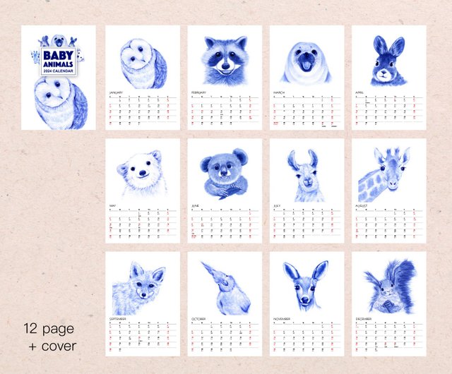 2024森の動物カレンダー　【壁掛け　A3 A4 サイズ  水彩画】        