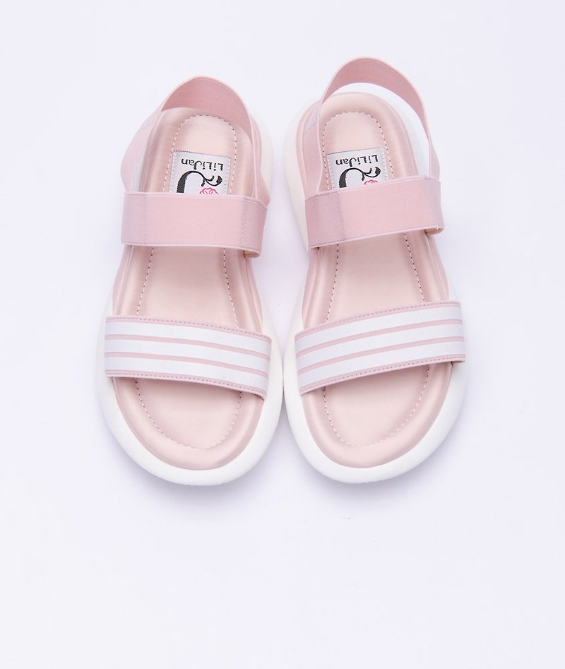 【棉花糖女孩】一字鬆緊帶彈力厚底涼鞋_微甜嫩粉 - 涼鞋 - 其他人造纖維 粉紅色