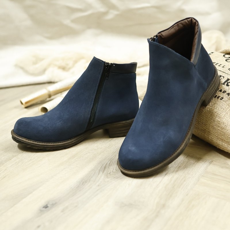 Waterproof short boots Taiwan handmade genuine leather women's shoes low-heeled shoes cowhide boots women's leather shoes strap-free shoes - blue - Women's Booties - Genuine Leather Blue