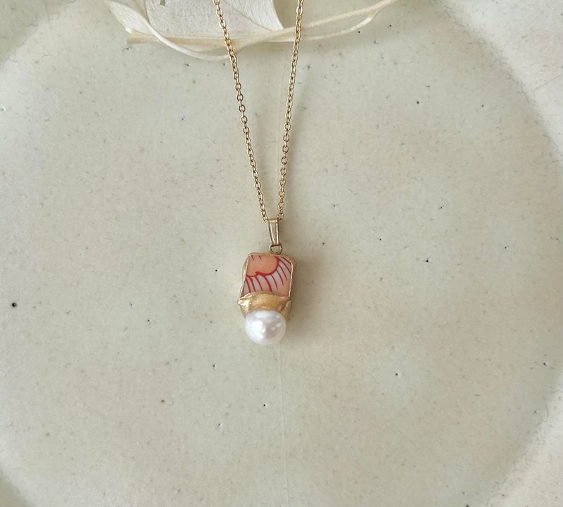 有田焼　金継ぎ　ネックレス　サージカルステンレスチェーン　アレルギー対応　18K　ピンク花柄　淡水パール　天然石　伝統工芸　No.78 - 項鍊 - 陶 粉紅色