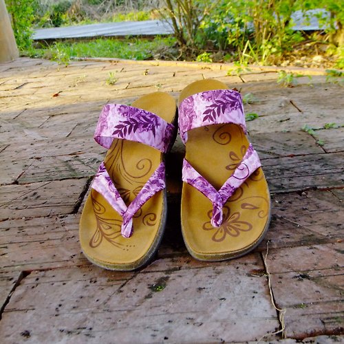 Alina 健康鞋 【京都の風景 紫羅蘭】日式舒活/彈力萊卡布料 真皮軟木氣墊鞋