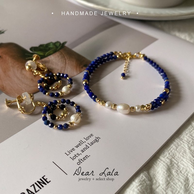 Double bead size lapis lazuli freshwater pearl design bracelet - สร้อยข้อมือ - หิน 