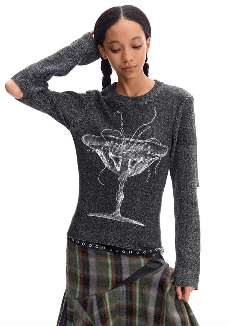 American Retro Pearl Wine Glass Elbow-Leaking Tight Sweater - Women's Sweaters - Other Materials Black