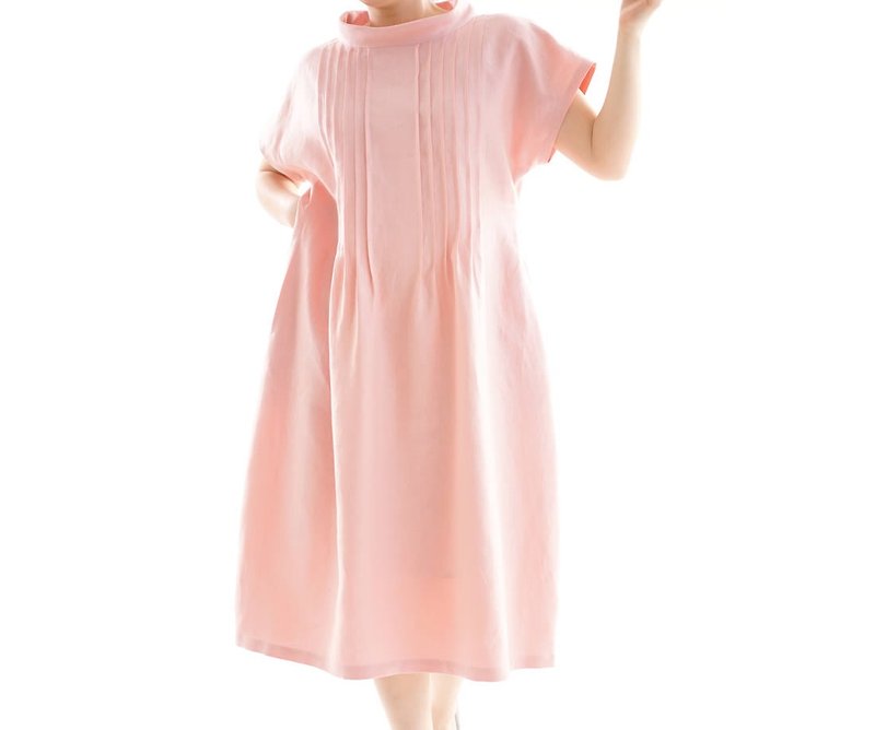リネンワンピース　ピンタック　オフネックドレス シルクオーガンジー/ローズソーモン a081h-rsm2 - 洋裝/連身裙 - 棉．麻 粉紅色